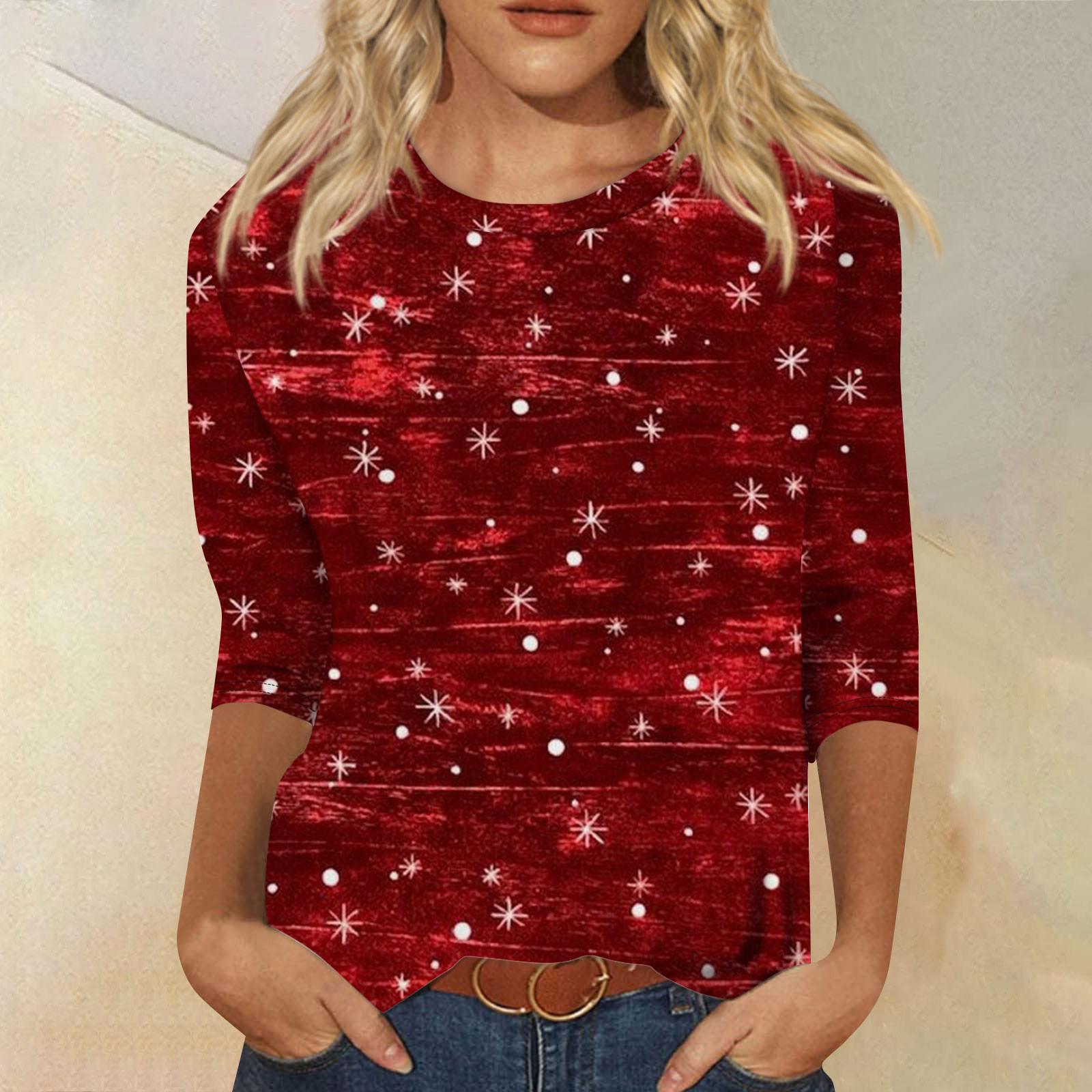 

Женская мода повседневная рубашка с круглым вырезом и рождественским принтом, семь рукавов XXL