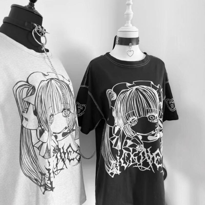 Y2K Harajuku Gothic Anime Girl Printed Short Sleeved Couple T-shirt Summer
