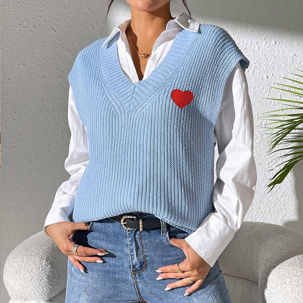 Women's V-neck  Vest Embroidered Love Sticker Sweater Vest