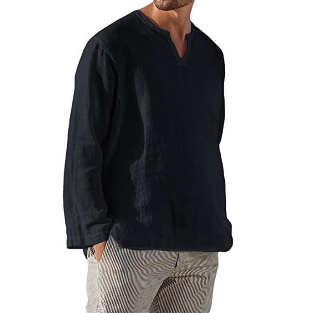 Cotton Linen Men Shirt Brief Breathable Comfy Solid Color Long Sleeve V Neck Casual Blouse Hawaiian Shirt Oversize Tops