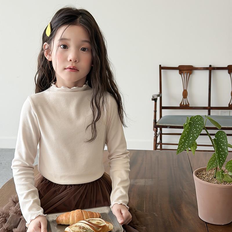 Kids Girls Long Sleeve Solid Ruffle Collar Casual Inner Base Layer Top