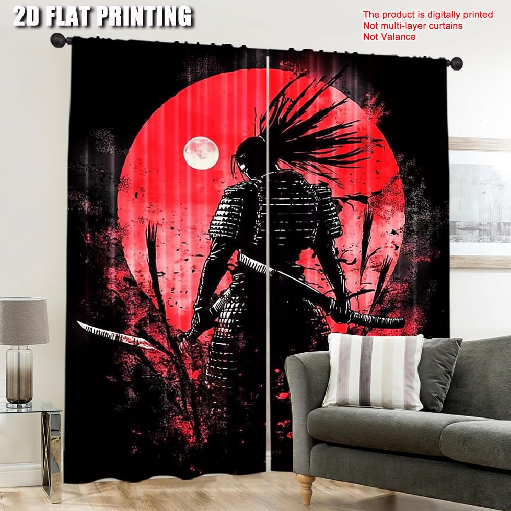 Set mit 2 Anime Samurai Vorhängen Cool Japanisch Schwarz Rot Kunst Schlafzimmer Asiatisch Chinesisch Sonne Studentenwohnheim Polyester Ideal für Master