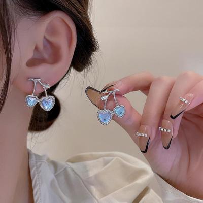 S925 Silver Moonstone Love Earrings - Korean-Style Cherry Design