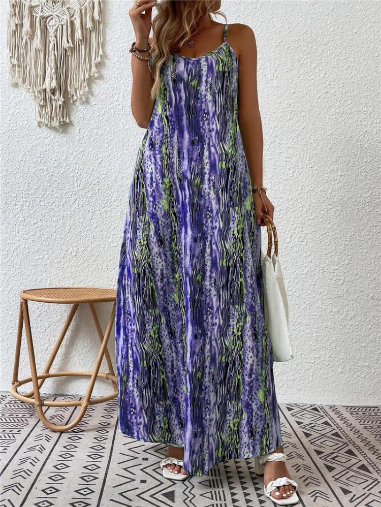 Spring Summer Women Fashion European American Style Printed Suspender Dress