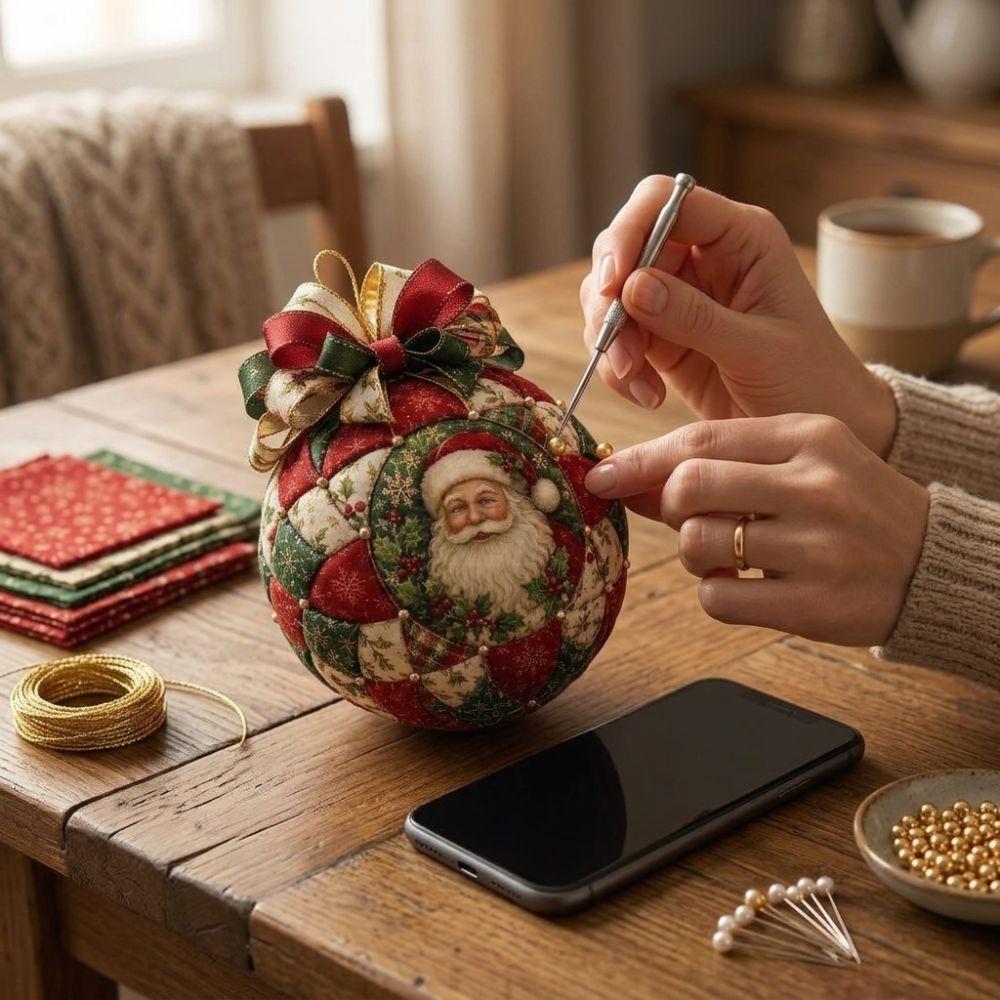 with Bow Christmas Quilted Ornament Set Snowman Deer Vintage Fabric Xmas Ball Kit Home Craft
