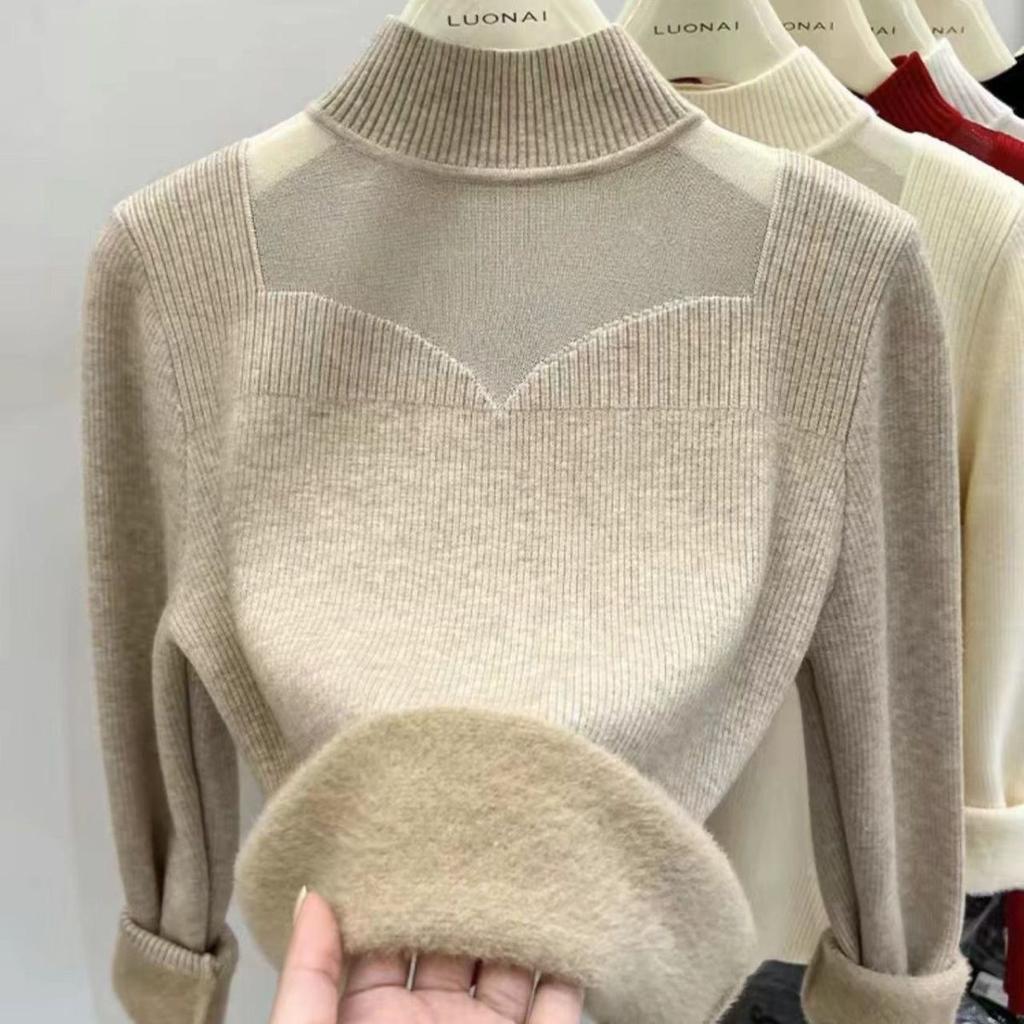 Fleece sweater women's inner thickened semi-turtleneck women's niche design top integrated fleece winter new