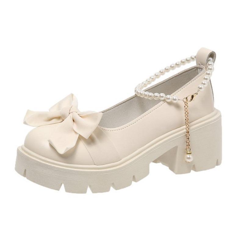 Fashion Pearl Bow Mary Jane Sandals 2025 Summer Women Lolita Thick High Heels Shoes Women Japanese Style Small Leather Shoes