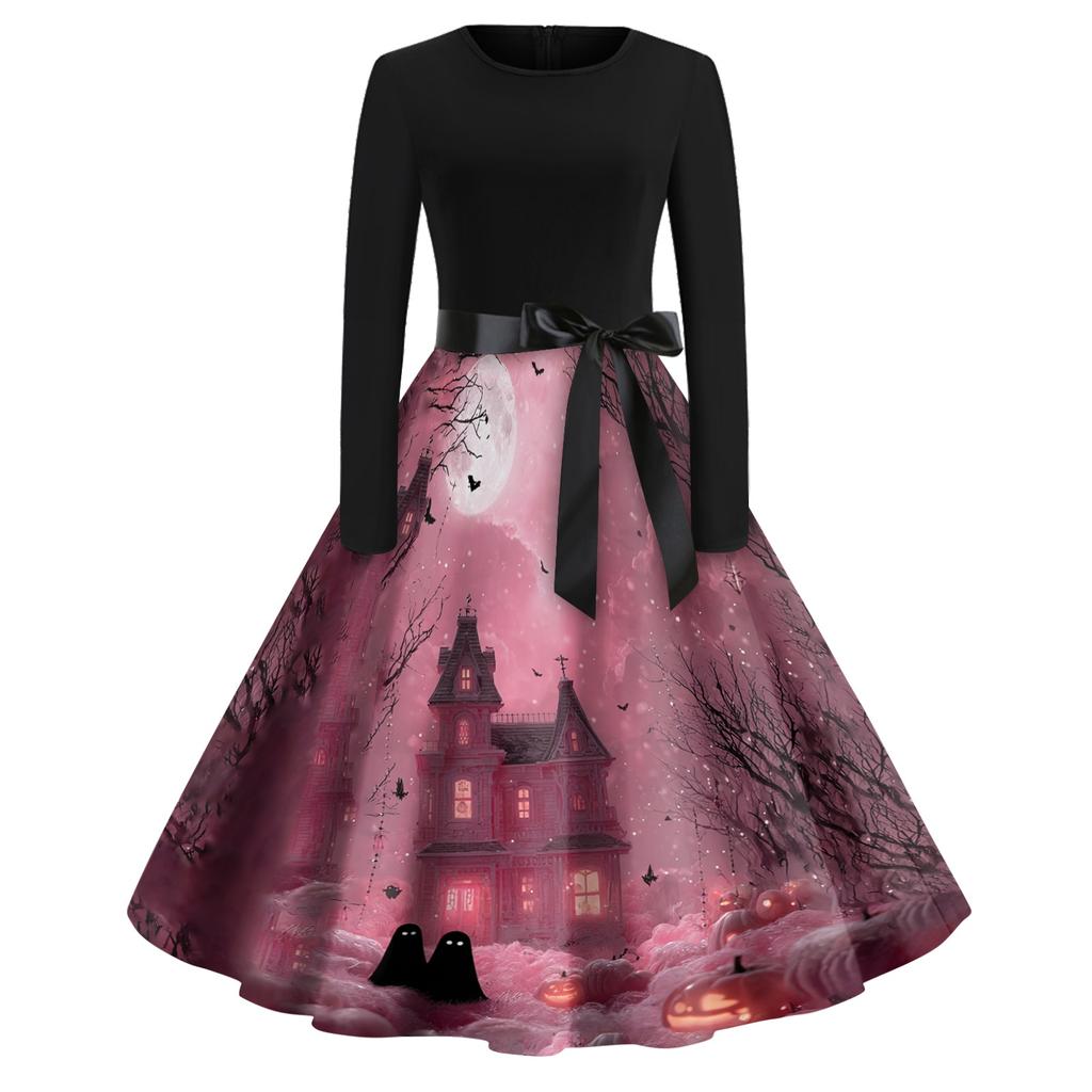 Women's Casual Vintage Halloween Print Dress Long Sleeve Round Neck A-Line Retro Style Midi Dress with Waist Tie for Seasonal Wear