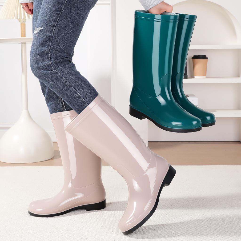 New high tube fashion rain shoes women's thick-soled non-slip and wear-resistant kitchen car wash rubber shoes velvet thermal overshoes