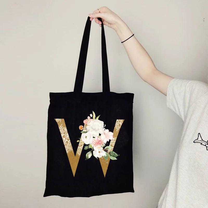 Gold Letter Flower Canvas Bag Women's Shopping Bag Reusable Large Capacity Portable Handbag Harajuku Student Shoulder Bag