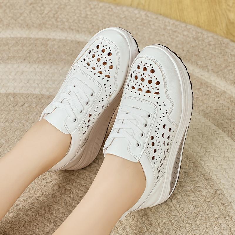 Women's Hole Sneakers Height Increase White Leather Platform Casual Summer Thick Sole Elevator Shake Shoes
