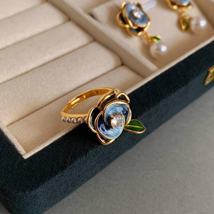 New Chinese Enamel Drop Glaze Camellia Pearl Ring Niche Design Light Luxury Open Ring
