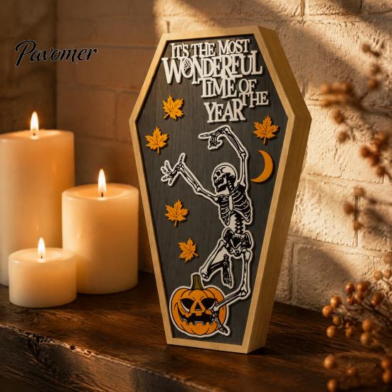 Decorative Wooden Patch Halloween Table Sign, Spooky Message Board, Tabletop Centerpiece with Skeleton Ornaments And Maple Leaves for Haunted