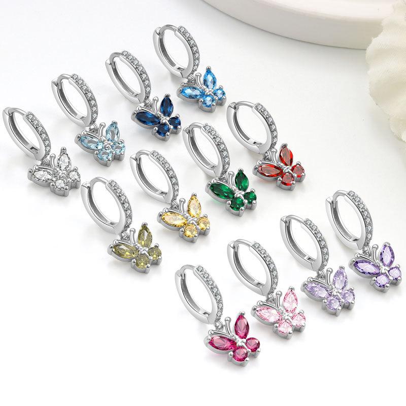 Exquisite Butterfly Zircon Earrings With Twelve Birthstones Fashionable And Simple Ear Clips Jewelry For Women