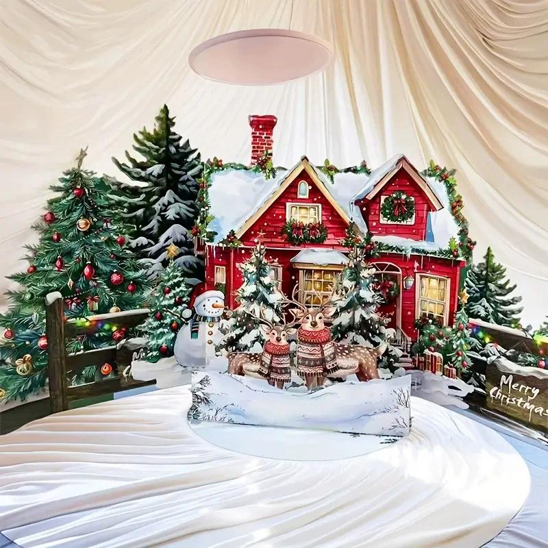 3D vánoční přání Scéna Noc před Vánocemi s Santa Clausem, sobem, zasněženou vesnicí Sváteční sváteční přání