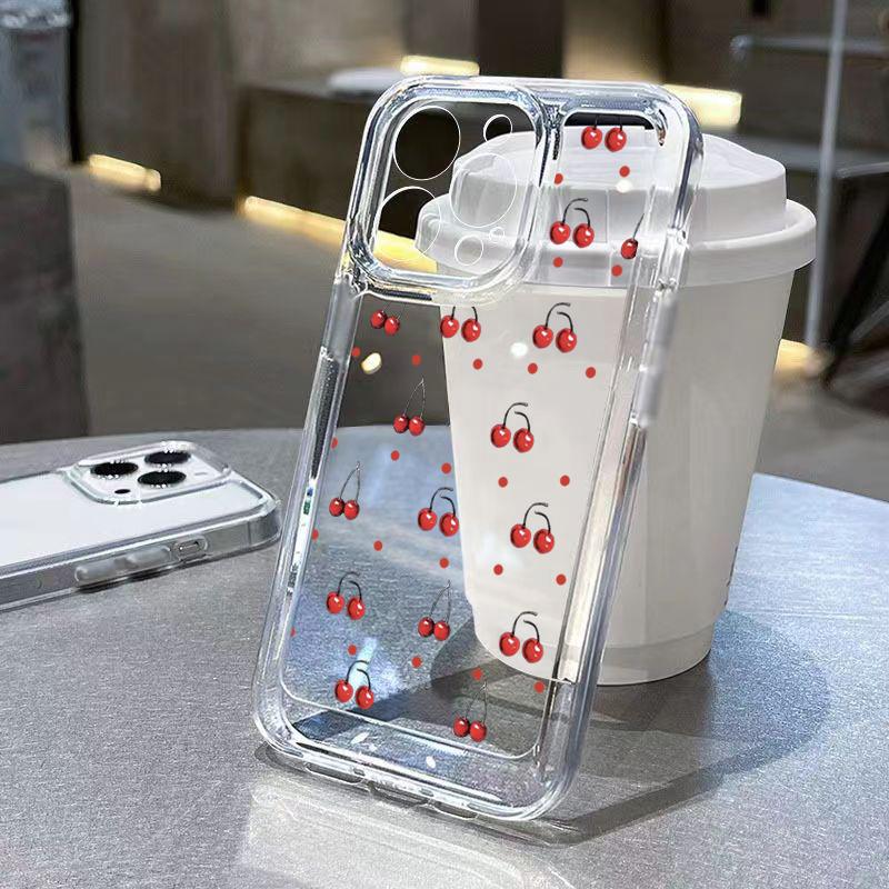 Luxury Shockproof Soft Clear Phone Case For iPhone 16 15 14 13 12 11 Pro Max XS XR 7 8 Plus SE 2020 Cherry Bowknot Pattern Cover