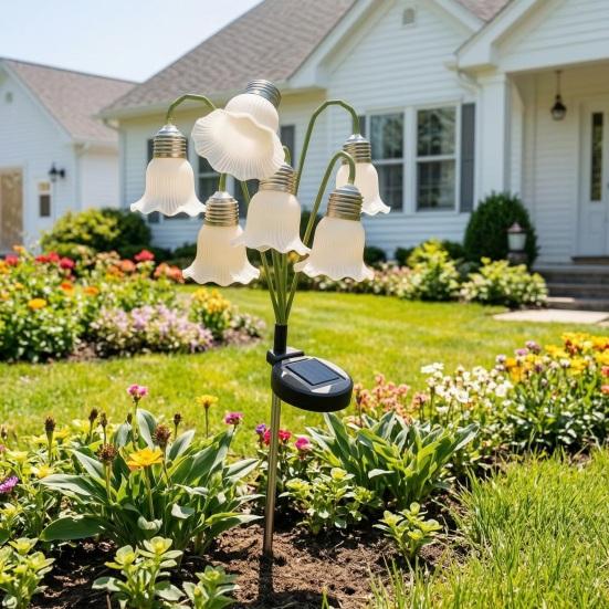Flower Shaped Garden Light Fixtures 6 Head Lily Solar Light, IP44 Waterproof of The Valley Stakes Stake Lamp for Yard Patio, Outdoor Pathway Landscape