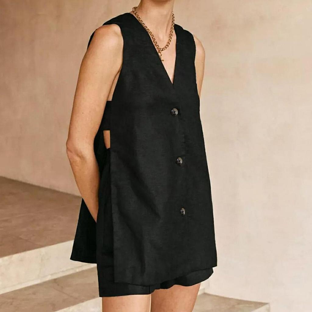Damen V-Ausschnitt Seitlich Ausgeschnitten Knopfleiste Ärmelloses Oberteil Und Baggy Shorts Zweiteiliges Set