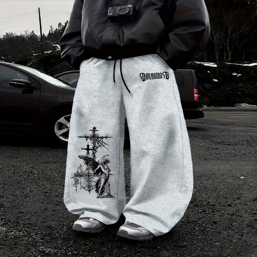 Essential Black Loose Wide Leg Sports Pants with Cool Abstract Pattern Print, Comfortable Street Style