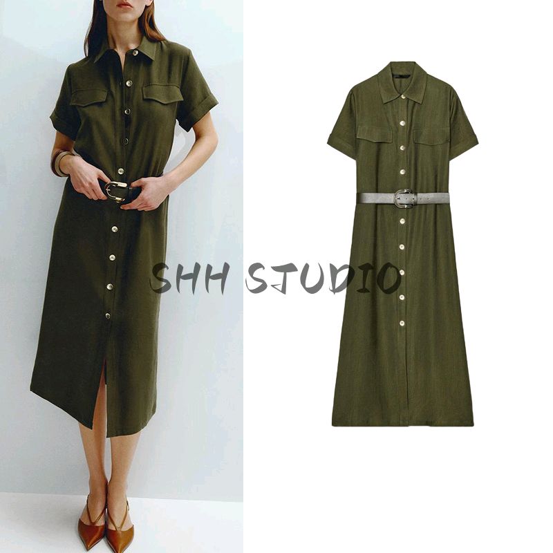 Spring New Women's Clothing American Style Classic Style with Belt Short Sleeve Lapel Shirt Dress 3897060