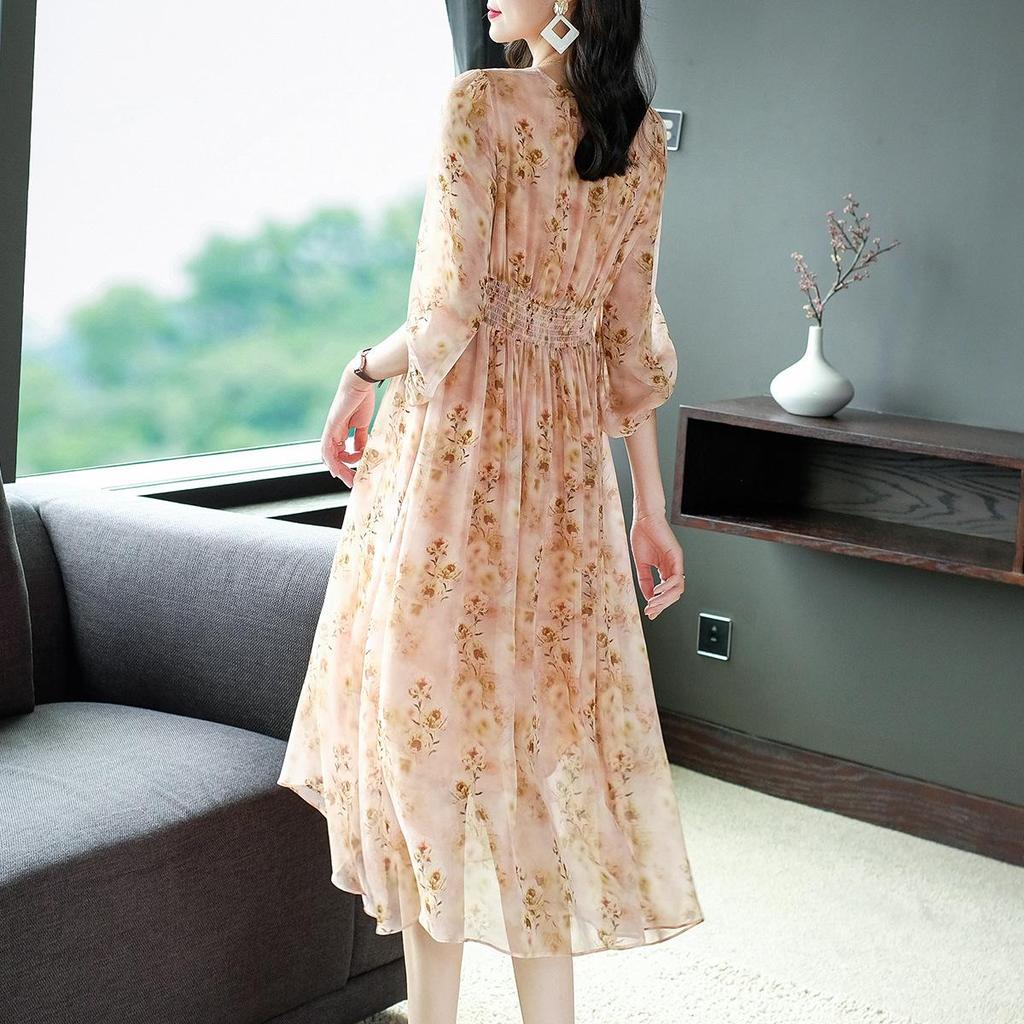 Fairy Pink Floral Short-Sleeve Mulberry Silk Dress - Seaside Holiday Long Skirt