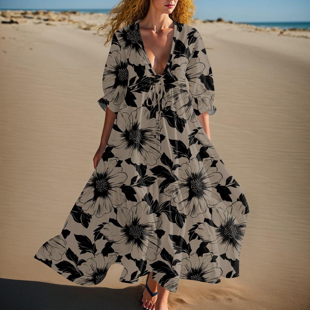 Women's Summer Fashion V-neck Retro Floral Print Short Sleeved Beach Dress With Lace Patchwork Dress