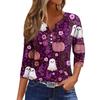 Women's V-Neck Button Halloween Three-quarter Sleeve T-Shirt Top