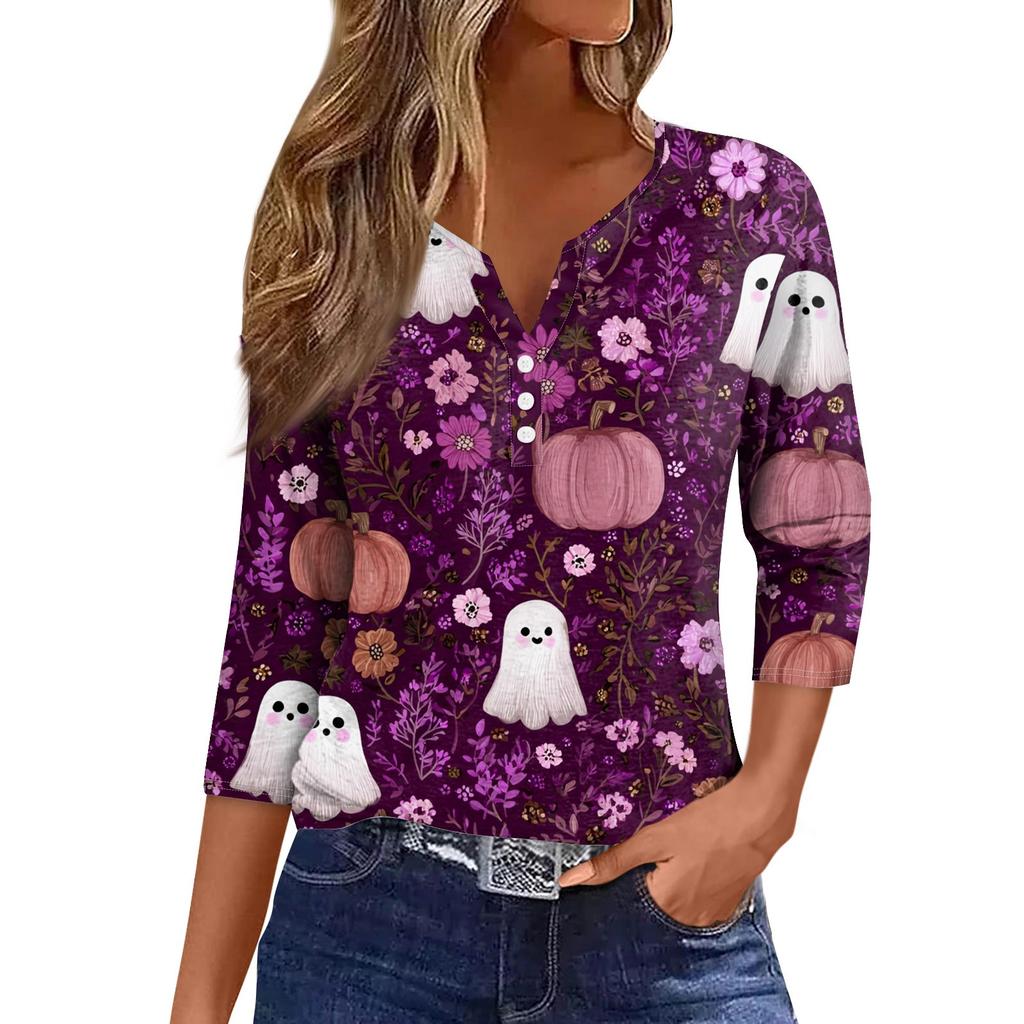 Women's V-Neck Button Halloween Three-quarter Sleeve T-Shirt Top