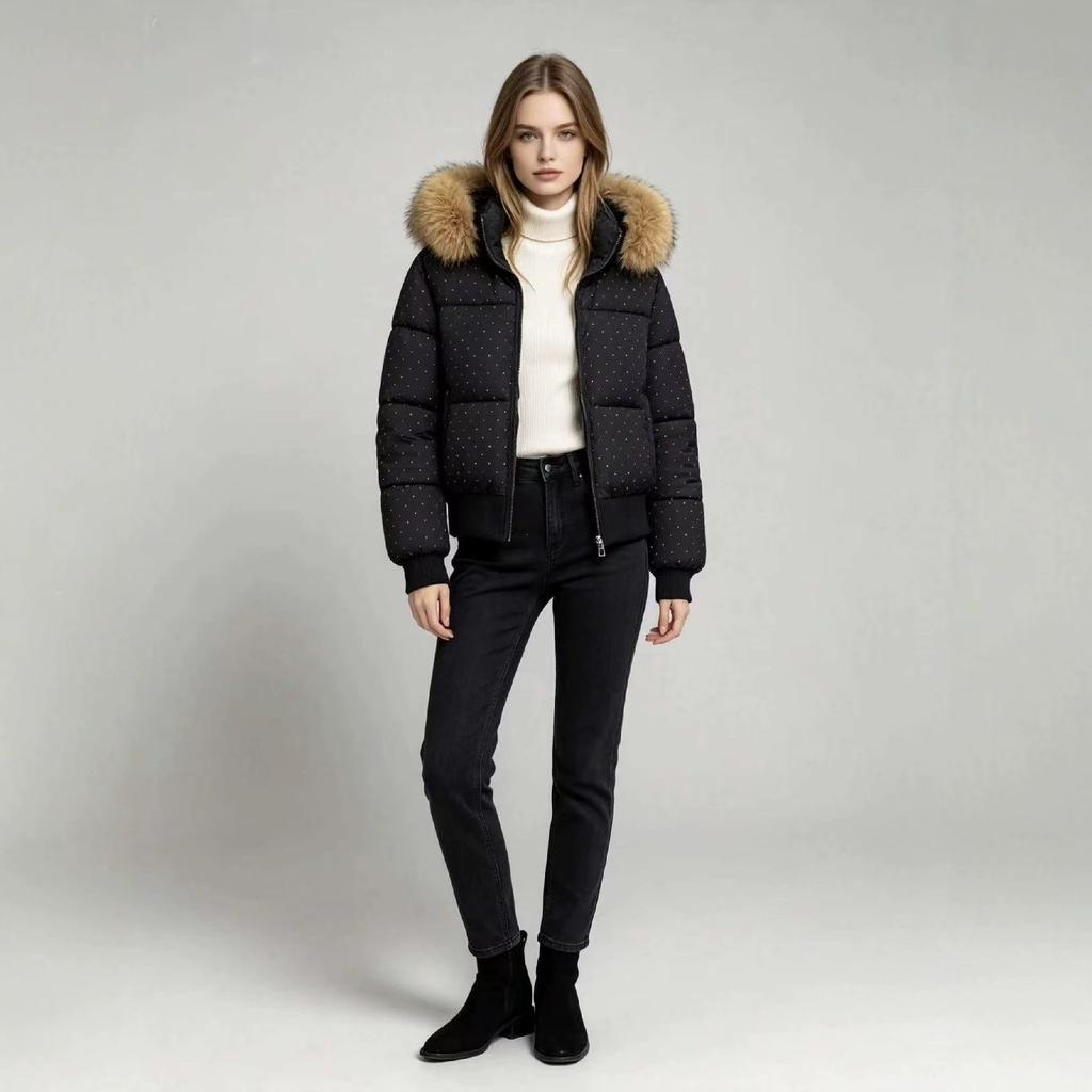 Large thickened jacket Gypsy hot diamond waist warm fur collar winter cotton clothes women's cotton-padded clothes new short models