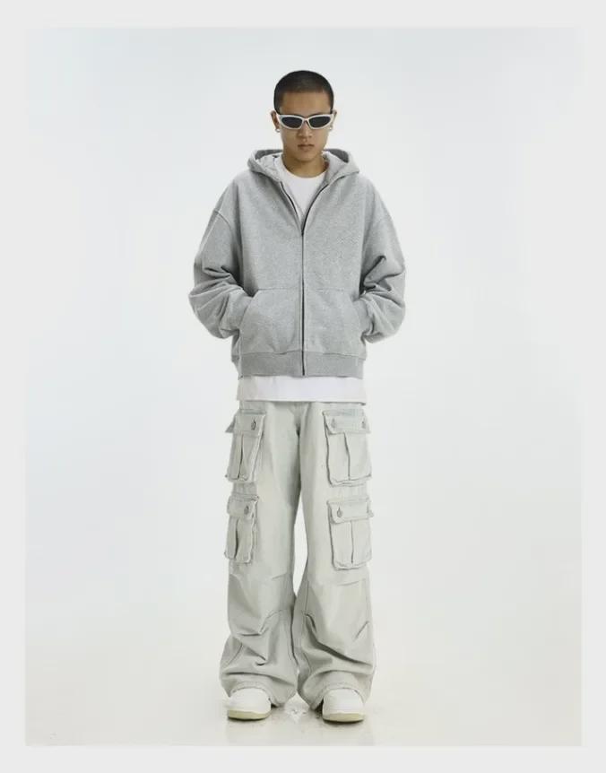 Unisex Retro Gray Hooded Sweatshirt with Double Zipper - Perfect for Spring & Autumn