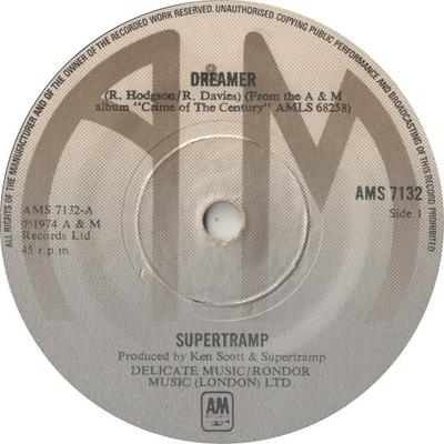 7inch Record SUPERTRAMP - Dreamer AMS7132 A&M Records 1974 UK Rock Used