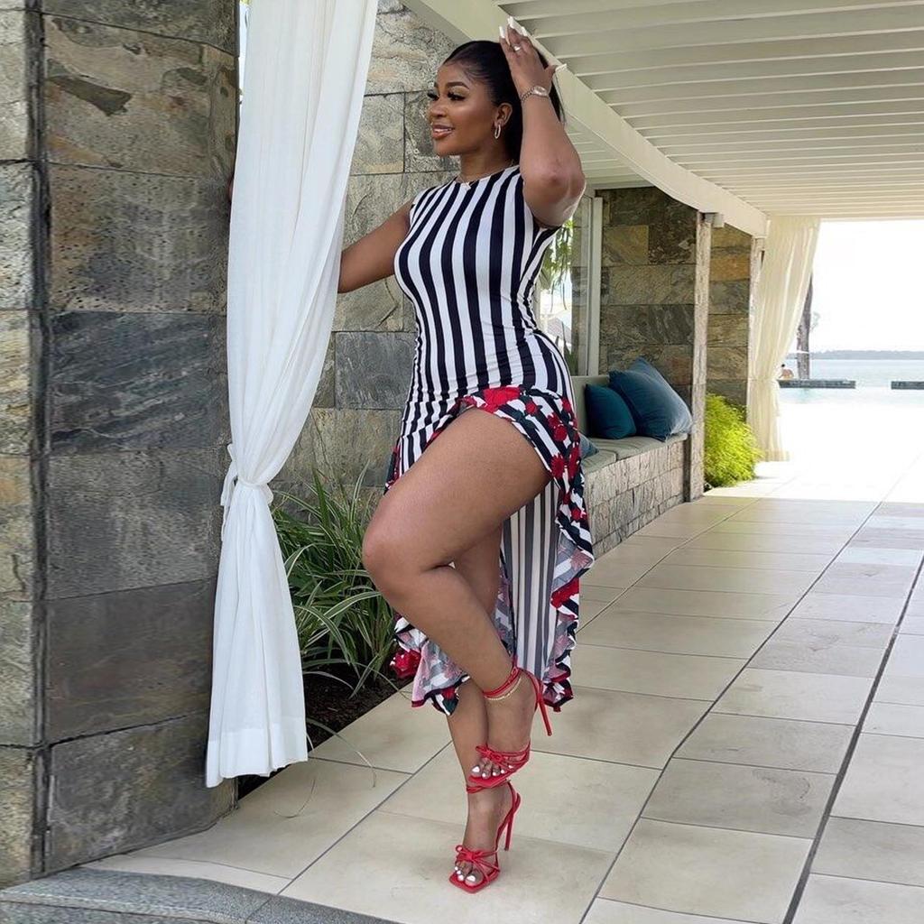 European & American Women's Sleeveless Striped Ruffle Print Dress