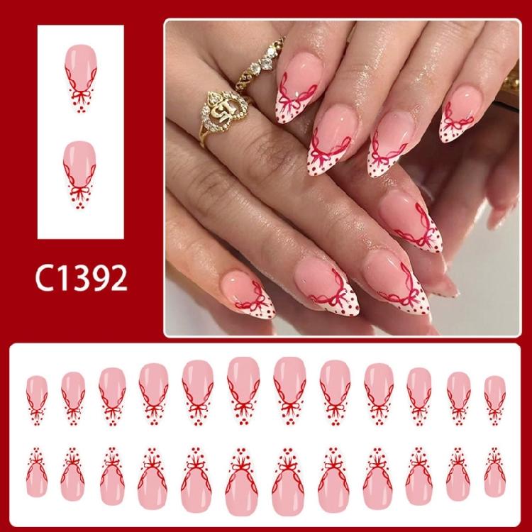 24pcs French Manicure Fake Nail White Base Red Dots Bows Accents Easy Application Artificial Nail For Elegant Look