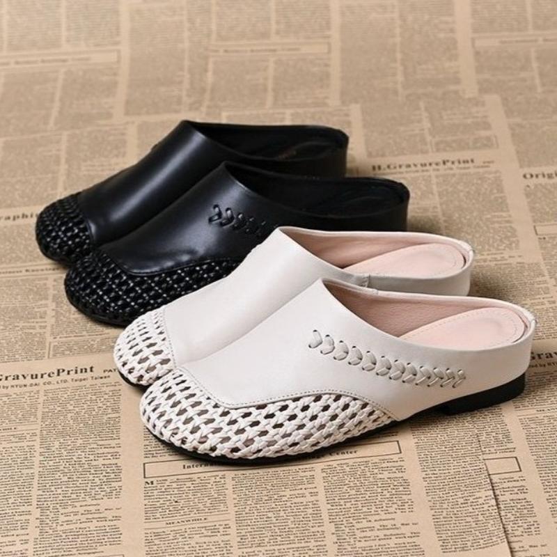 Fashion Baotou Slippers for Women's Outdoor Wear New Fashionable Hand Woven Design Cool Slippers with Hollow Out Monochrome Flat Shoes