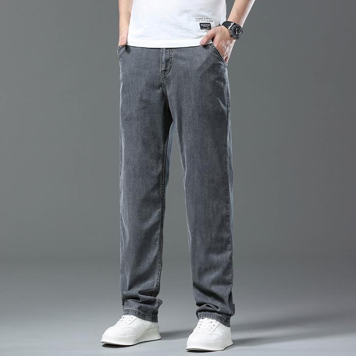 

Мужские летние повседневные джинсы из тенселя и хлопка: Прямые штанины, Свободный крой, Эластичная средняя посадка, Тонкие 34