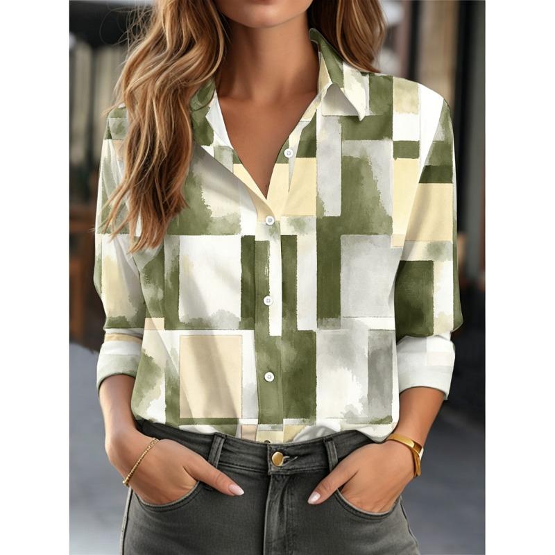 Women's Lapel Long Sleeve Geometric Print Button-Up Shirt, Stylish Casual Regular Tops for Spring Summer Daily Office Wear