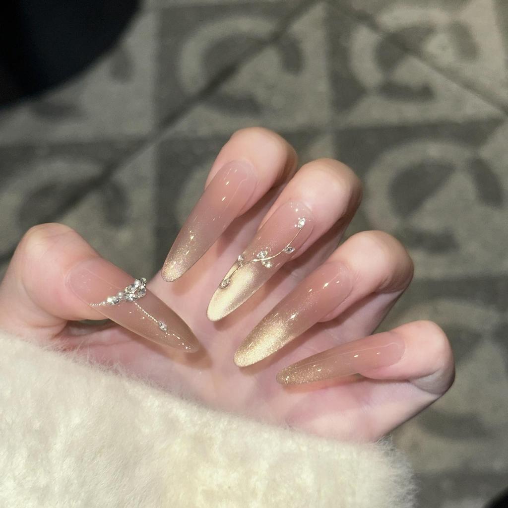 Handmade High-End Cat Eye Nude French Diamond Removable Press-On Nails