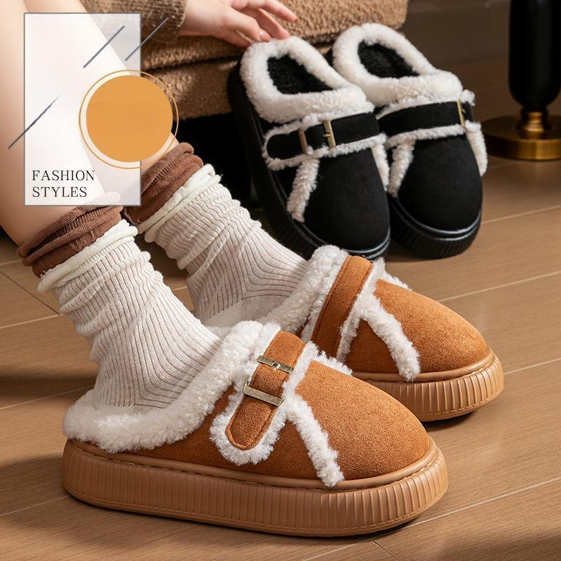 Thick Plush Warm Slippers, Women's Fashionable Buckle Home Anti-slip Cotton Shoes