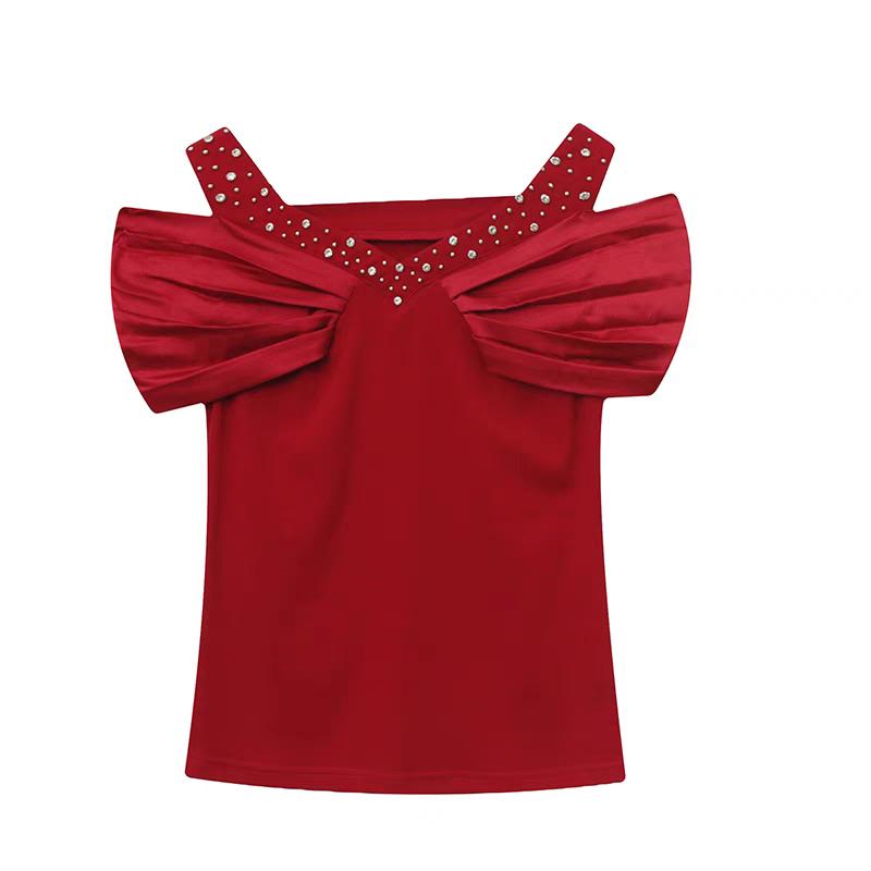 Classic Summer Women's Sexy V-Neck Hot Diamonds T-shirt Elegant Off Shoulder Ladies Tops Shirts Short Sleeved Cotton Tees