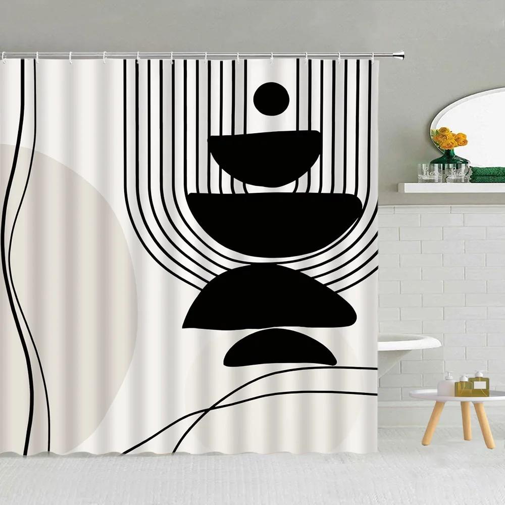 

Black and White Shower Curtain, Abstract Mid-Century Modern Minimalist Geometric Line Art Aesthetic Vintage Bathroom Decoration 90x180cm-35x70in