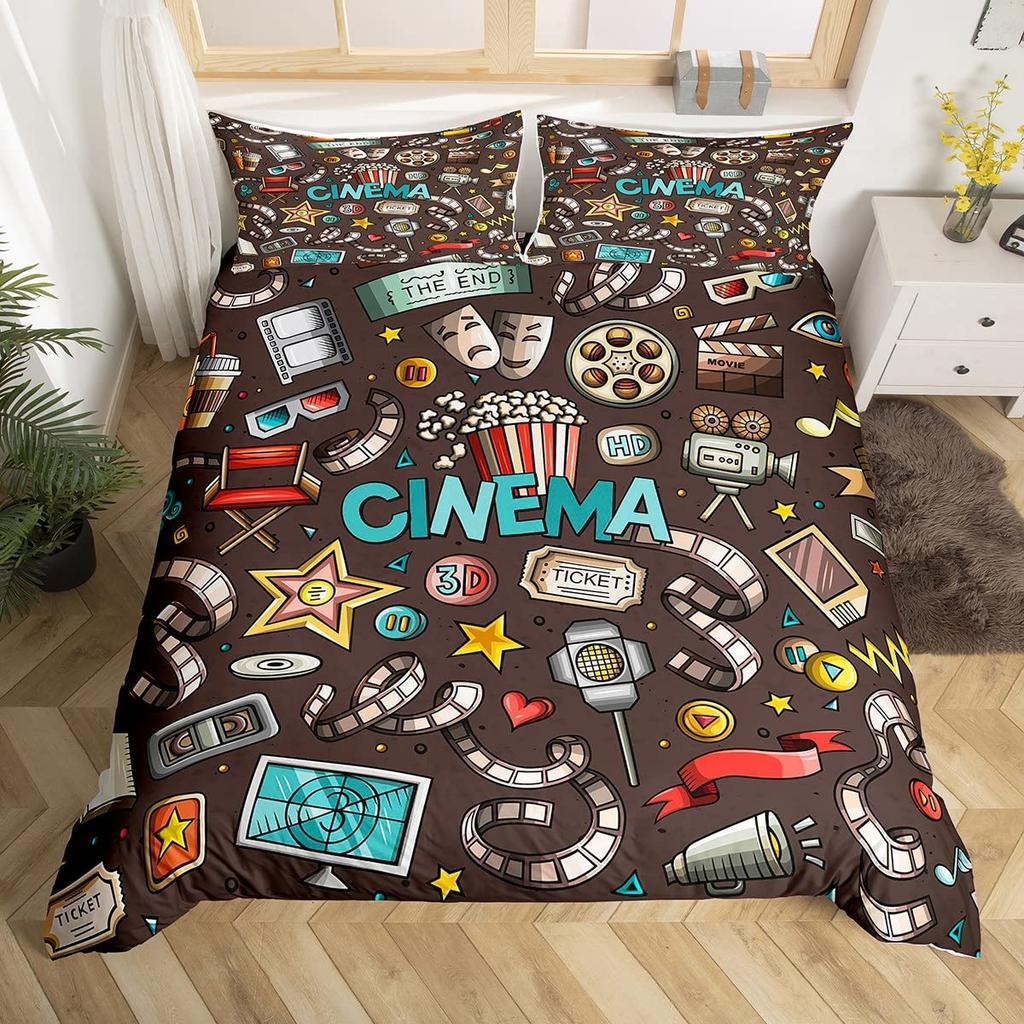 Popcorn Food Bedding Set King Queen Double Movie Theater Theme Duvet Cover Filmstrip Polyester Comforter Cover Blue Quilt Cover