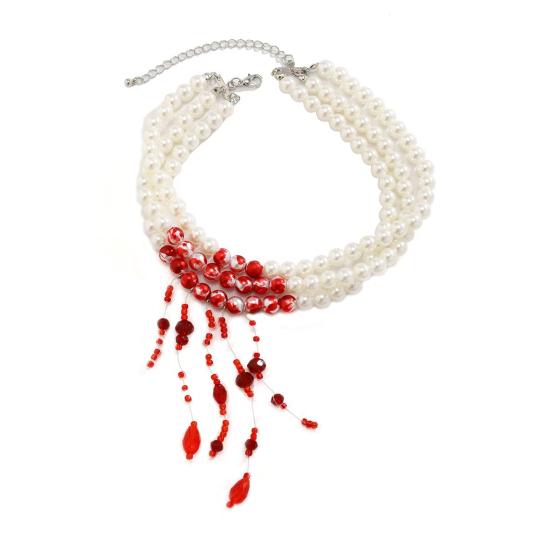 Gothic Necklace Blood Drop Charms Necklace Faux Pearl 3 Layer Chocker Necklace with Beaded Tassel for Halloween Horror Themed Parties Role-Playing