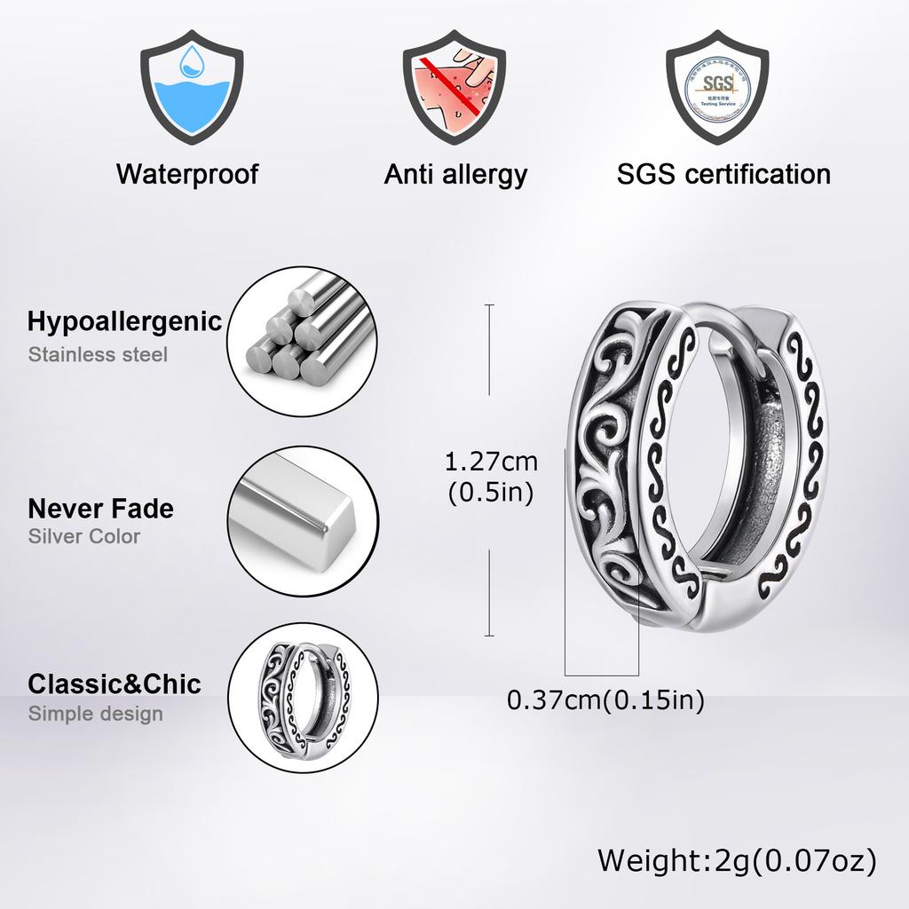 Vintage Totem Hoop Earrings for Men Boys,Vine Grass Pattern Anti Allergy Stainless Steel Huggies Earrings,Rock Punk Jewelry Gift