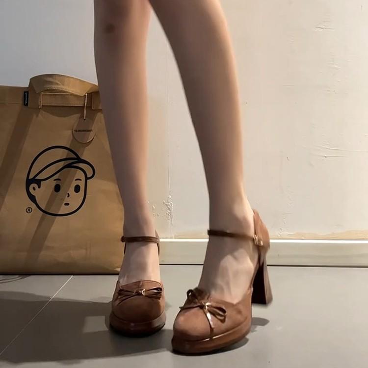 Sheepskin Version~ French Retro Bow Light Mouth High Heel Mary Jane Shoes Women's Versatile One-word Buckle Belt Thick Heel Single Shoes