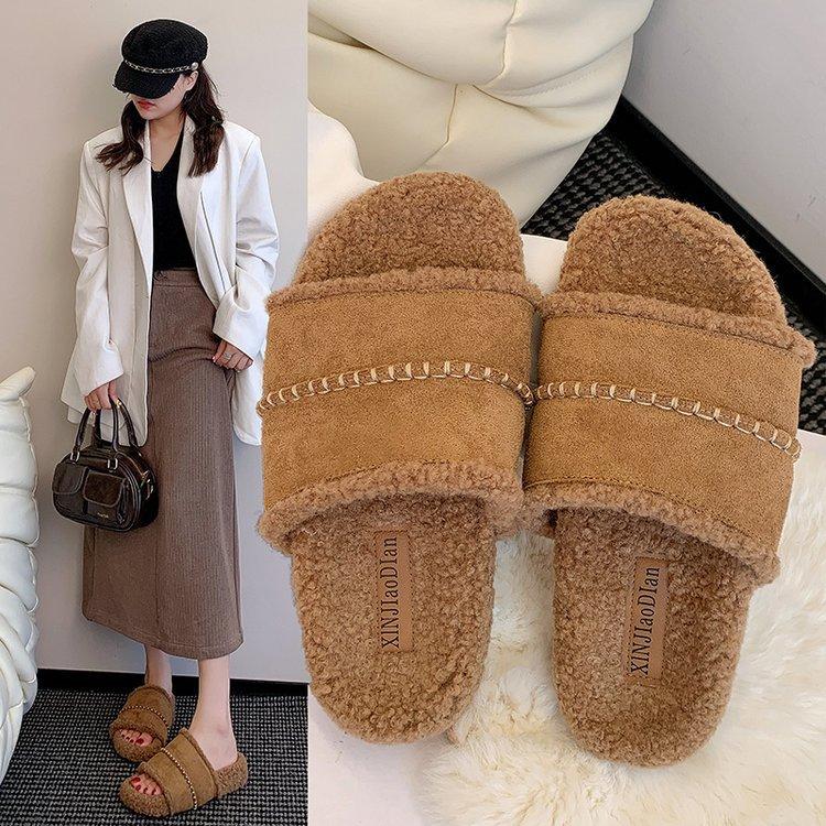 [Youshilai] 2025 Autumn and Winter New Flat-bottomed Non-slip Fluffy Slippers for Women To Wear Warm and Fashionable Versatile Slippers