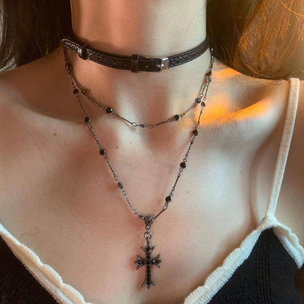 Layered Black Cross Long Choker Necklace for Women - High-End Sweet & Cool Clavicle Chain Neckband