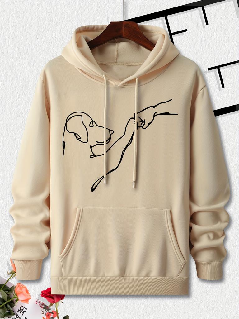Simple Line Drawing Pet Puppy Interaction Graphic Solid Cream Oversized Hoodie for Men, Hip Hop Daily Sports Soft Streetwear Hooded Sweatshirt