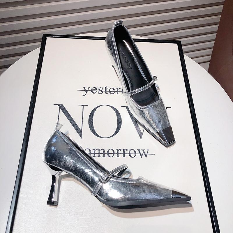 

Дизайнерские туфли Мэри Джейн с острым носком для женщин, модные туфли без застежек на неглубоких каблуках, весна-осень, свадебная обувь для вечеринок 35 серебряный