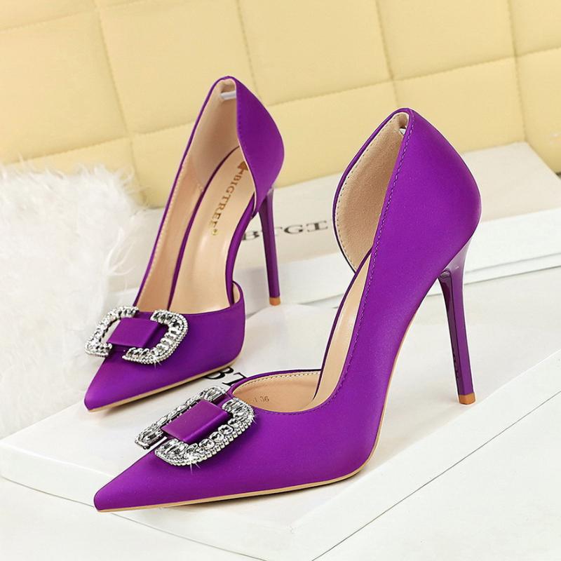 Side Empty Pointed Toe Shallow Mouth Women's Shoes Rhinestone Buckle Slim Heels High Heels Super High Heels Satin Single Shoes