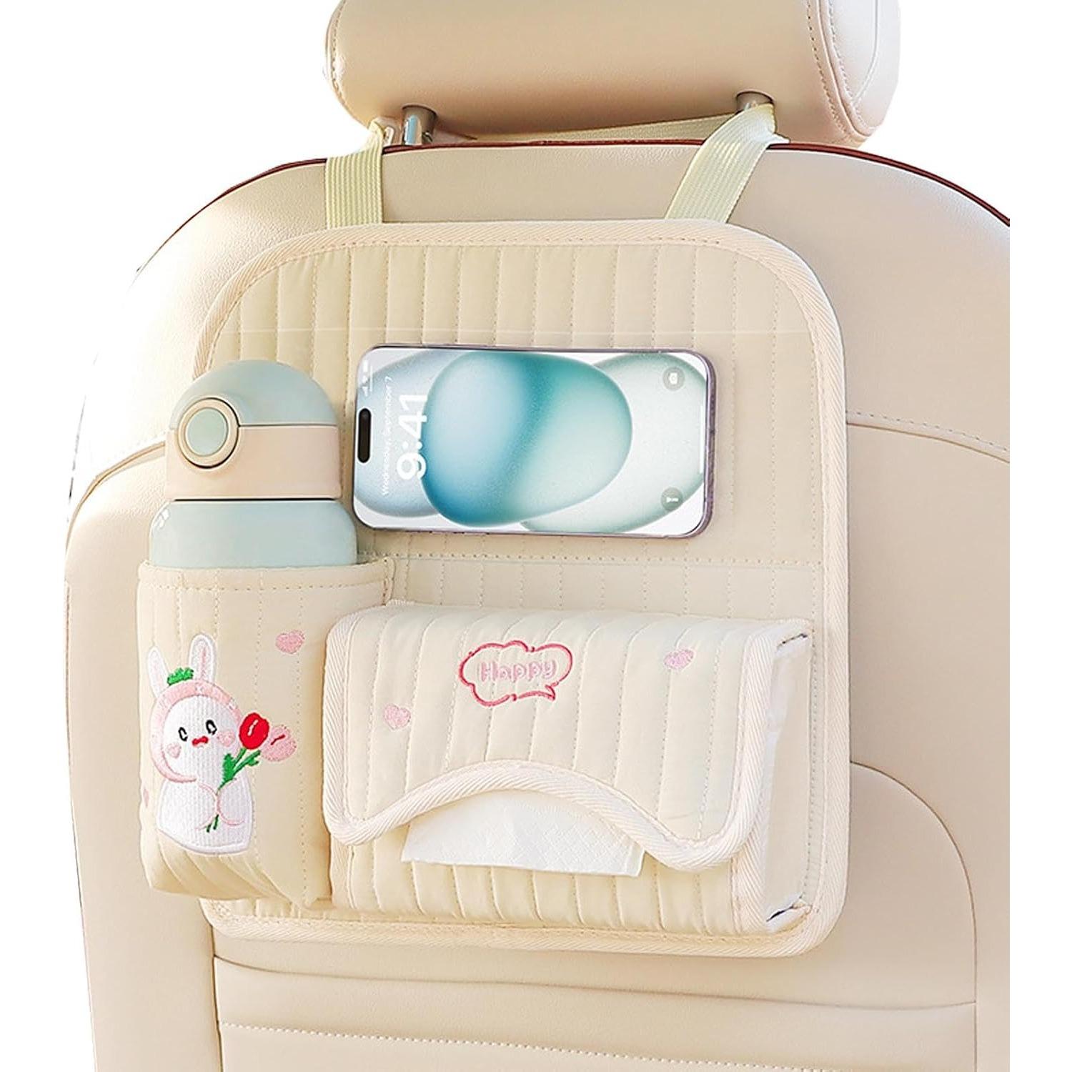 Car Storage Organizer Back Seat Cute - Bunny Seat Storage Organizer | Car Tissue Holder and Clear Phone Pocket Back Seat Storage Organizer